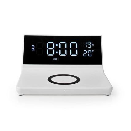 Wecker mit LCD-Anzeige und kabellosem Ladegerät 15W/230V + 1xCR2032 weiß