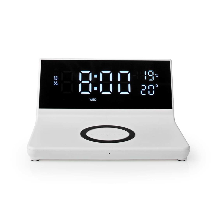 Wecker mit LCD-Anzeige und kabellosem Ladegerät 15W/230V + 1xCR2032 weiß