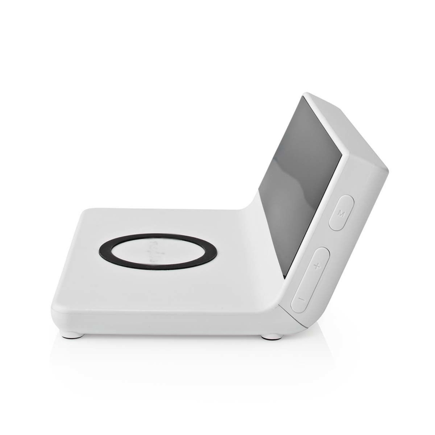 Wecker mit LCD-Anzeige und kabellosem Ladegerät 15W/230V + 1xCR2032 weiß
