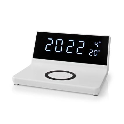 Wecker mit LCD-Anzeige und kabellosem Ladegerät 15W/230V + 1xCR2032 weiß