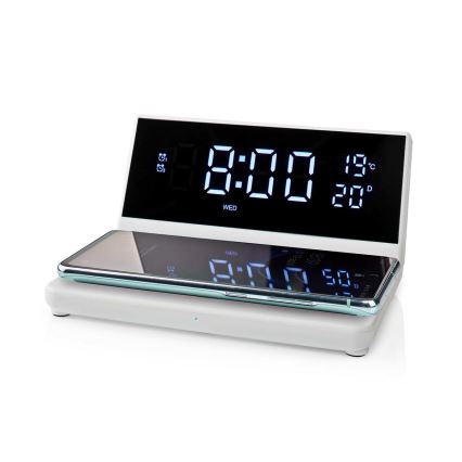Wecker mit LCD-Anzeige und kabellosem Ladegerät 15W/230V + 1xCR2032 weiß