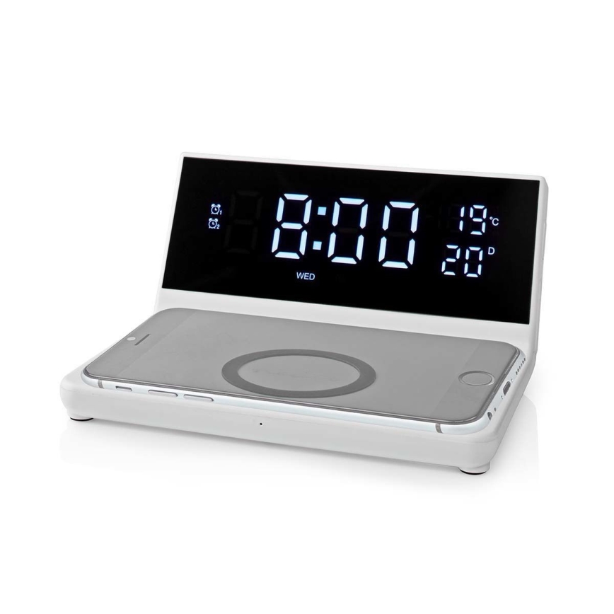 Wecker mit LCD-Anzeige und kabellosem Ladegerät 15W/230V + 1xCR2032 weiß