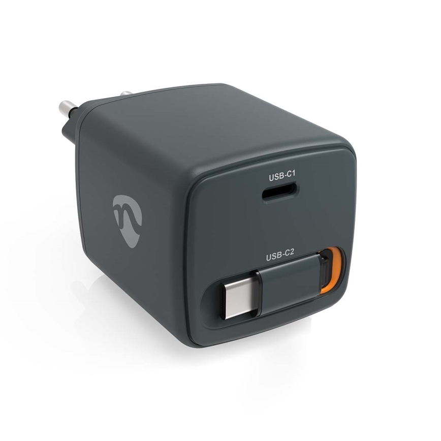 Ladegerät mit einziehbarem Kabel, Power Delivery 30W, 2x USB-C, schwarz