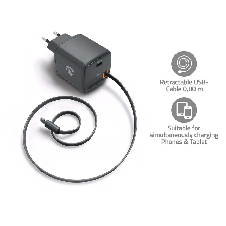 Ladegerät mit einziehbarem Kabel, Power Delivery 65 W, 2x USB-C, schwarz