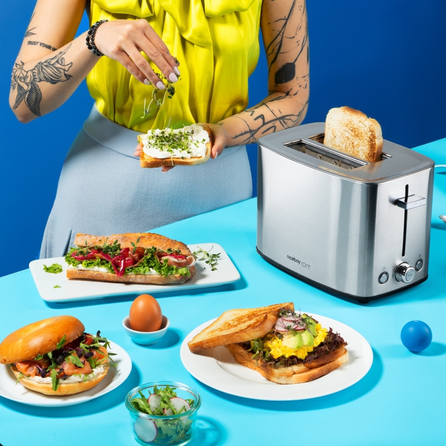 Niceboy ION Cruncher C4 - Toaster mit zwei Schlitzen und Röstaufsatz 850W/230V Edelstahl