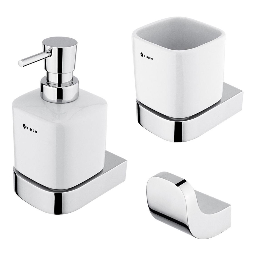 NIMCO NK Set-31K-26 - Seifenspender, Zahnbürstenhalter und Wandhaken für die Wandmontage NIKAU 320 mm weiß/glänzendes Chrom