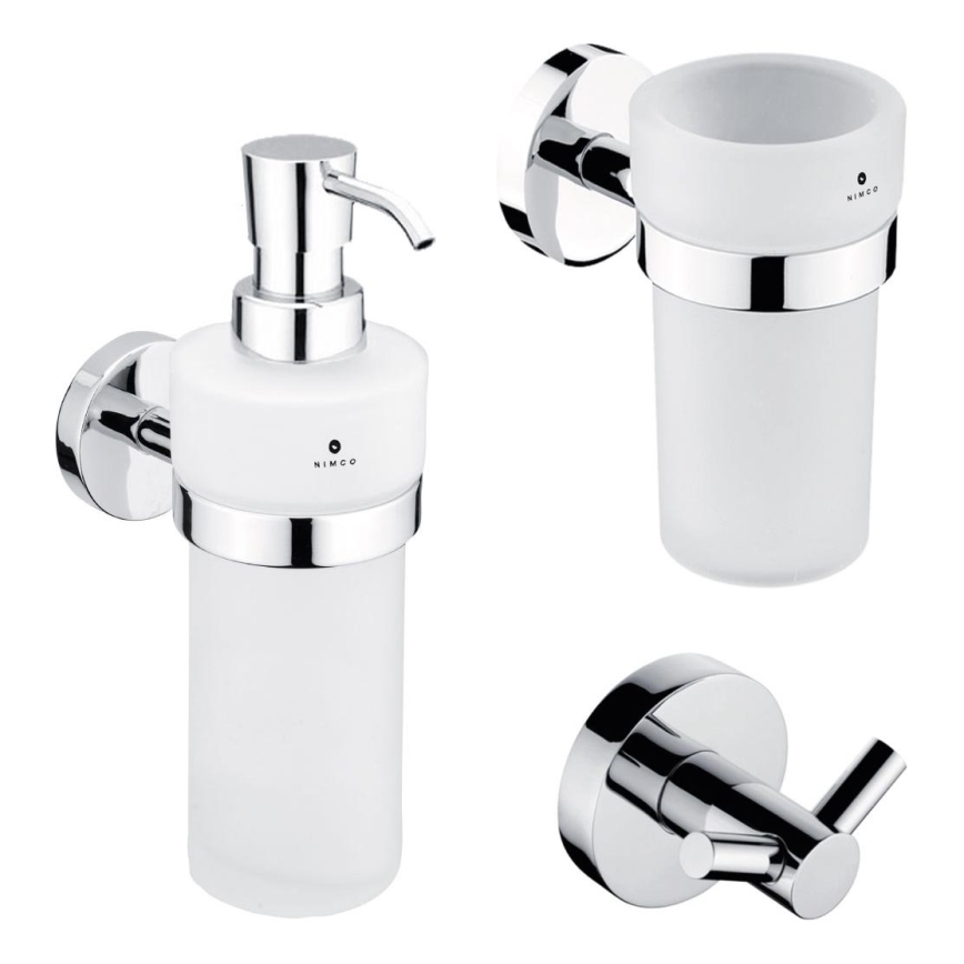 NIMCO UN Set-31W-26 - Seifenspender, Zahnbürstenhalter und Wandhaken für die Wandmontage UNIX 250 mm matt Glas/glänzendes Chrom
