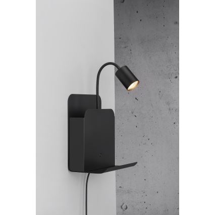 Nordlux - Wandleuchte mit Spot, Ablage und USB ROOMI 1xGU10/8W/230V schwarz