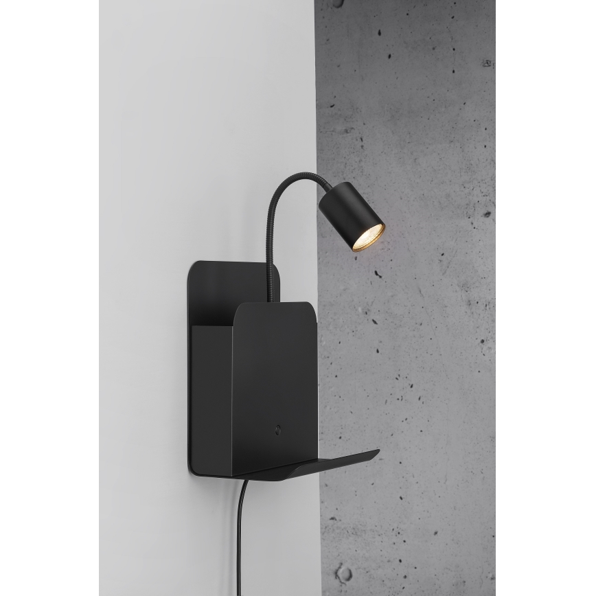 Nordlux - Wandleuchte mit Spot, Ablage und USB ROOMI 1xGU10/8W/230V schwarz