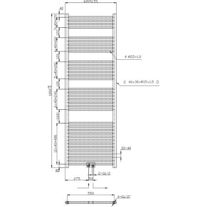 Novaservis - Badheizkörper (Leiter) 630W/230V 180x60 cm glänzender Chrom gerade