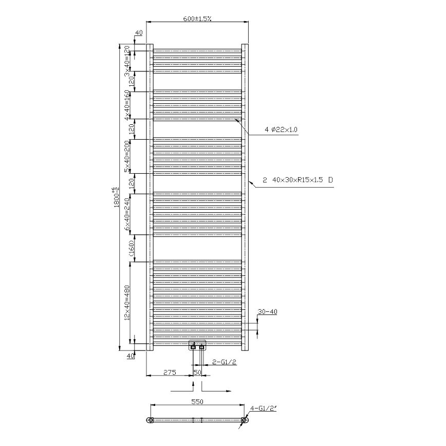 Novaservis - Badheizkörper (Leiter) 630W/230V 180x60 cm glänzender Chrom gerade