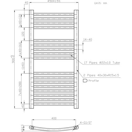 Novaservis - Badheizkörper (Leiter) 365W/230V 90x45 cm weiß, abgerundet