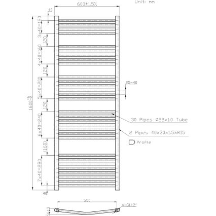 Novaservis - Badheizkörper (Leiterform) 836W/230V 160x60 cm weiß, abgerundet