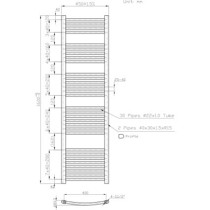 Novaservis - Handtuchheizkörper für Badezimmer 648W/230V 160x45 cm weiß, abgerundet