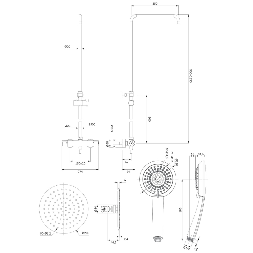 OMNIRES Y1244X/6CR - Duschgarnitur mit thermostatischer Armatur Y glänzendes Chrom