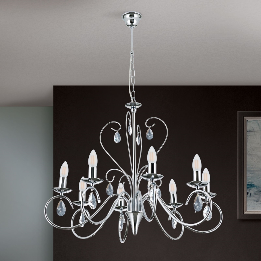 Kristall-Kronleuchter an Kette ALESSIA 8xE14/40W/230V glänzendes Chrom