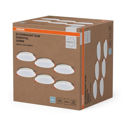 Osram - 6er-Set LED-Einbauleuchten ESSENTIAL LED, 18 W / 230 V, 6500 K, Ø 22 cm, weiß