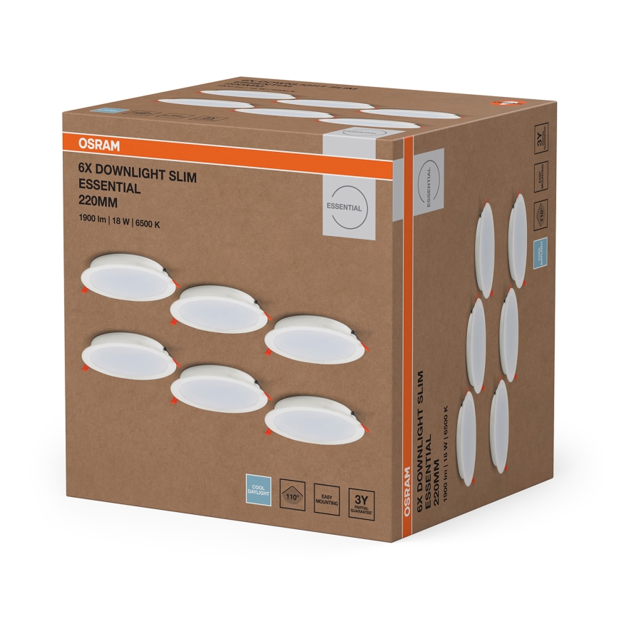 Osram - 6er-Set LED-Einbauleuchten ESSENTIAL LED, 18 W / 230 V, 6500 K, Ø 22 cm, weiß
