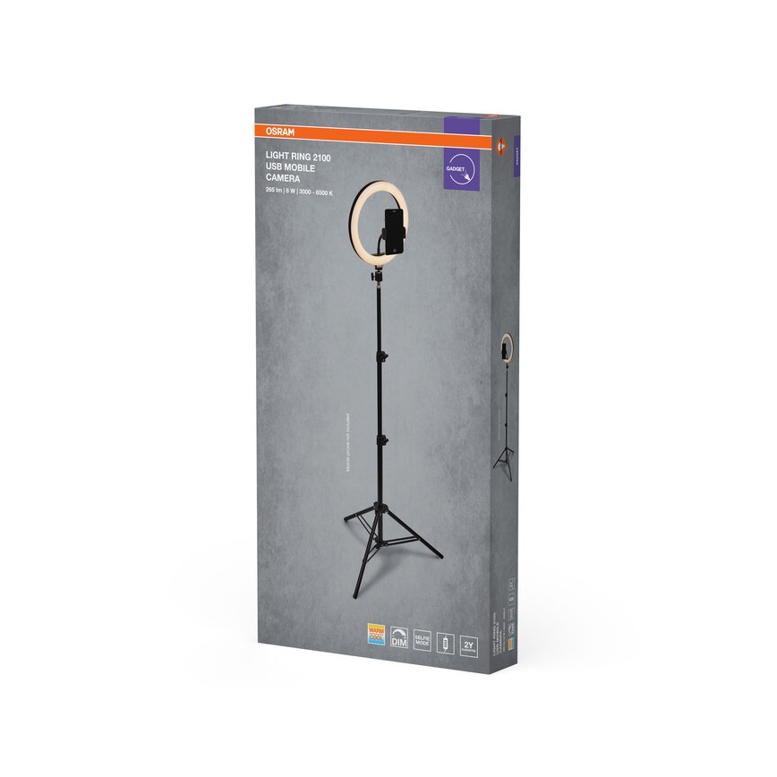 Osram - Dimmbare LED-Lampe mit Ständer und Halterung zum Vloggen, LED / 6 W / USB / 210 mAh