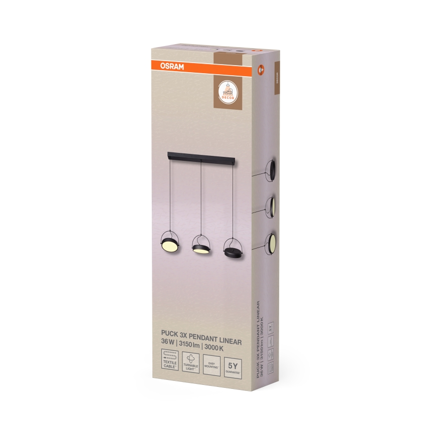Osram - LED-Hängeleuchte mit Seilaufhängung DECOR PUCK 3xLED/12W/230V CRI 90 schwarz
