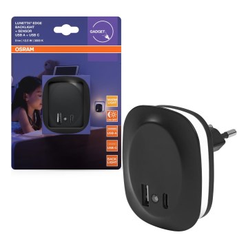 Osram - LED-Nachtlicht zum Einstecken mit Sensor und USB LUNETTA LED/12,5W/230V schwarz