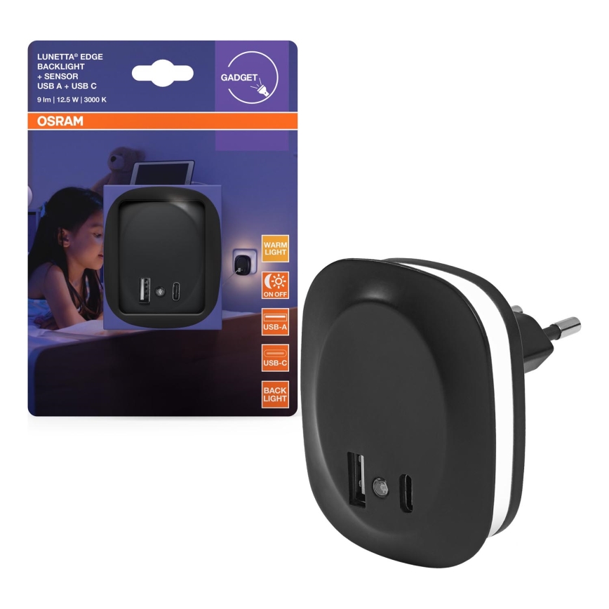 Osram - LED-Nachtlicht zum Einstecken mit Sensor und USB LUNETTA LED/12,5W/230V schwarz