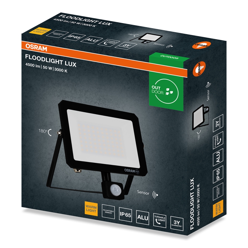 Osram - LED-Flutlichtstrahler mit Bewegungs- und Dämmerungssensor FLOODLIGHT LED/50W/230V 3000K IP65 schwarz