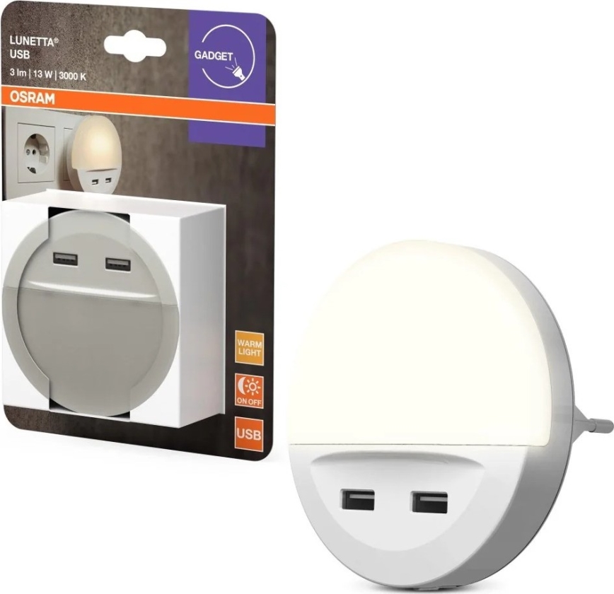 Osram - LUNETTA LED-Steckdosen-Nachtlicht mit Sensor, 2x USB, 13W, 230V