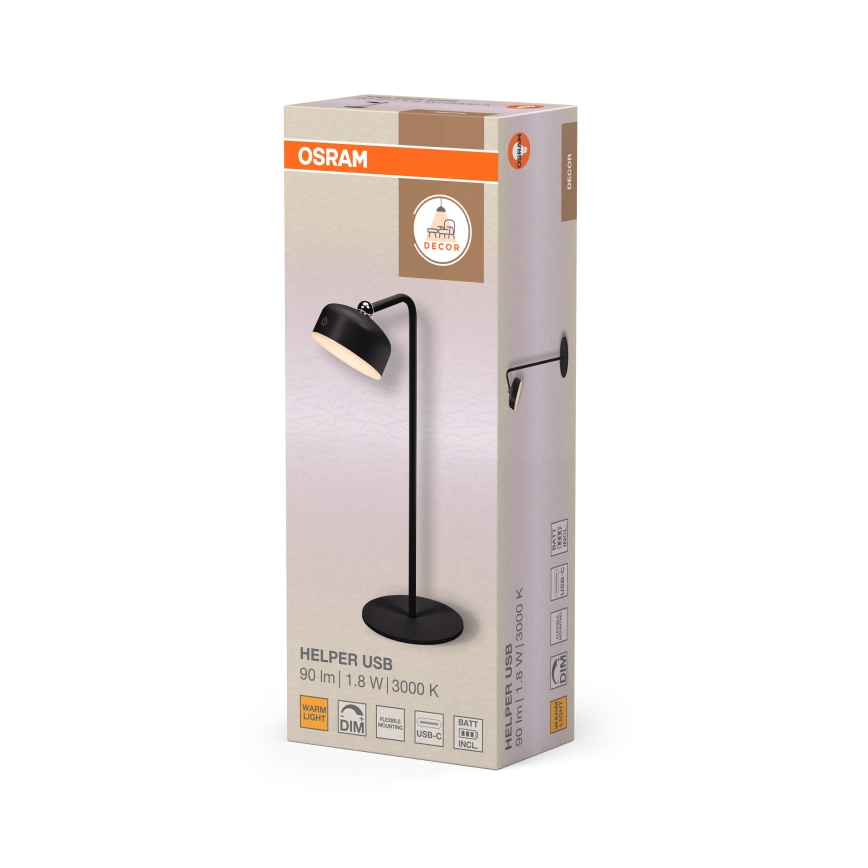 Osram - Wiederaufladbare, dimmbare LED-Tischlampe 3-in-1 DECOR HELPER LED/1,8W/5V schwarz
