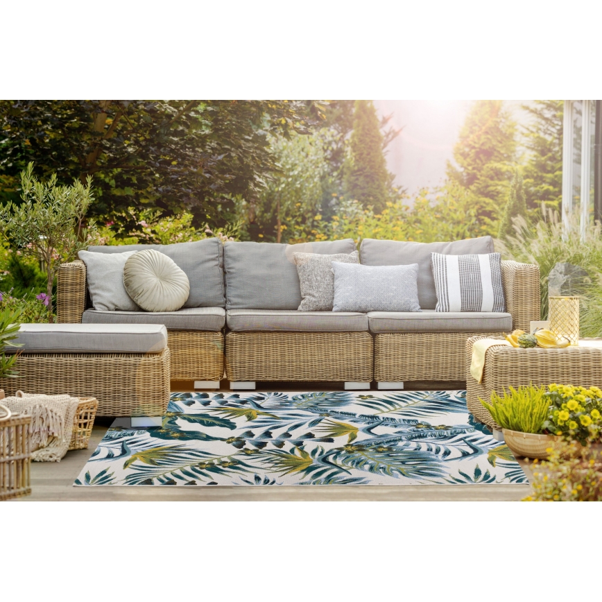 Outdoor-Teppich CAPPUCCINO 80x165 cm türkis mit Blättermuster