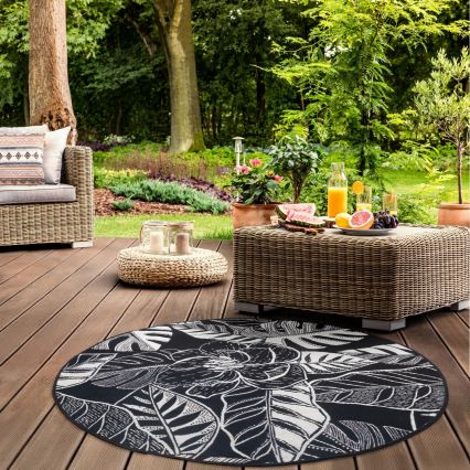 Outdoor-Teppich JUNGLE 135 cm Schwarz/Weiß – Blattmuster