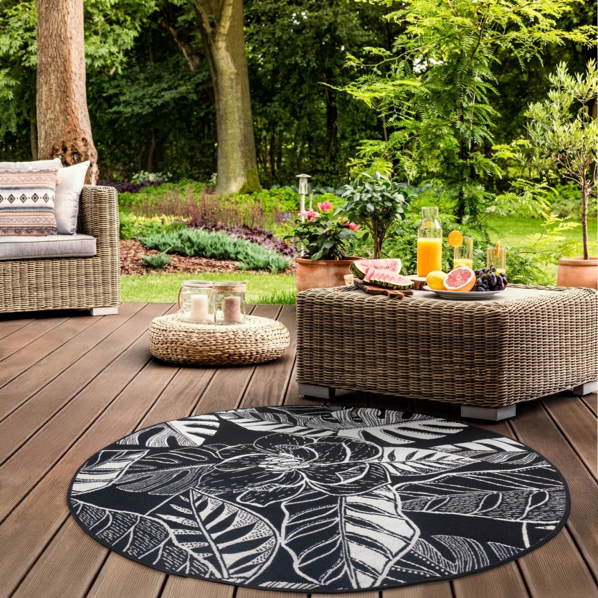 Outdoor-Teppich JUNGLE 135 cm Schwarz/Weiß – Blattmuster