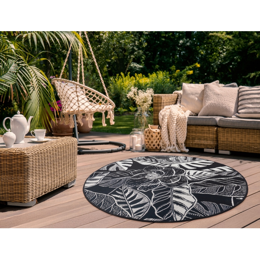 Outdoor-Teppich JUNGLE 135 cm Schwarz/Weiß – Blattmuster