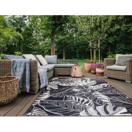 Outdoor-Teppich JUNGLE 160x220 cm schwarz/weiß, Blattmuster
