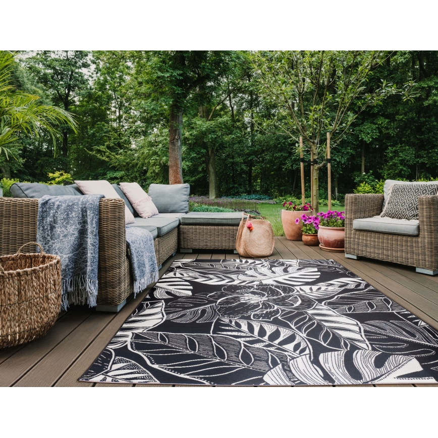 Outdoor-Teppich JUNGLE 160x220 cm schwarz/weiß, Blattmuster