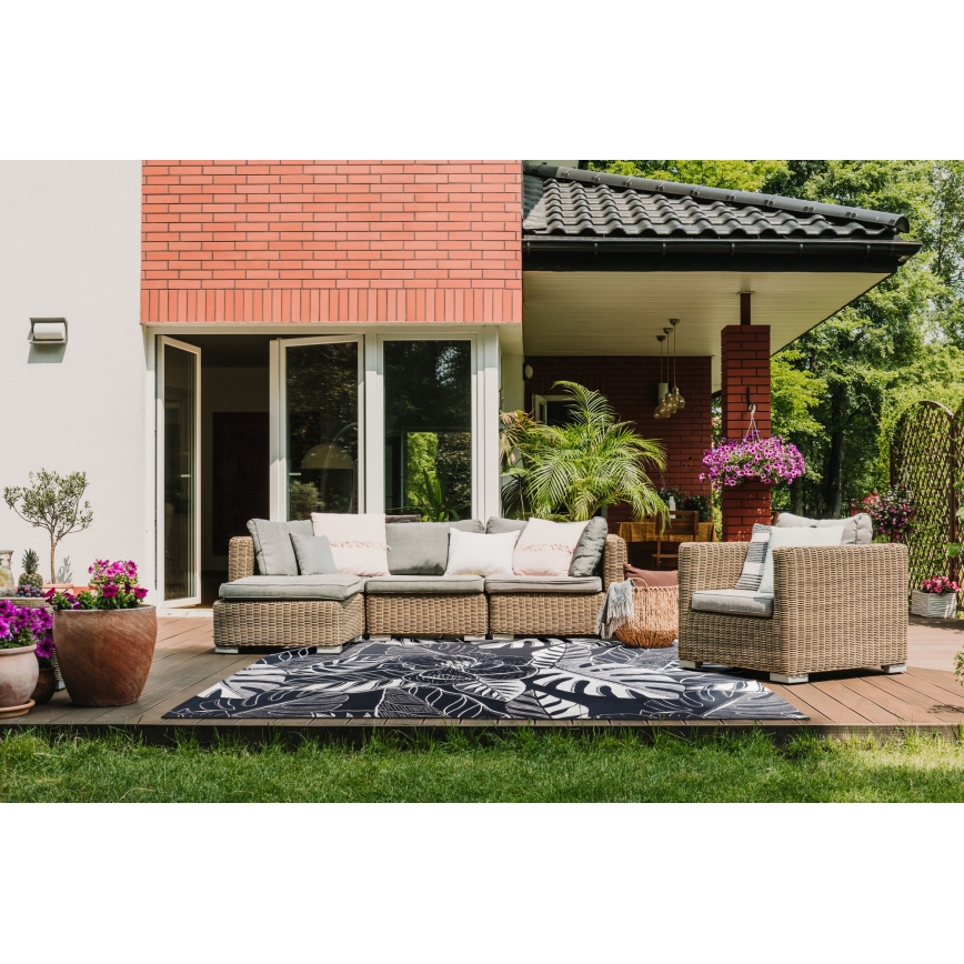 Outdoor-Teppich JUNGLE 160x220 cm schwarz/weiß, Blattmuster