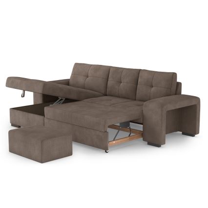 PALERMO Schlafsofa mit Schlaffunktion, integriertem Stauraum und Hocker, braun, links