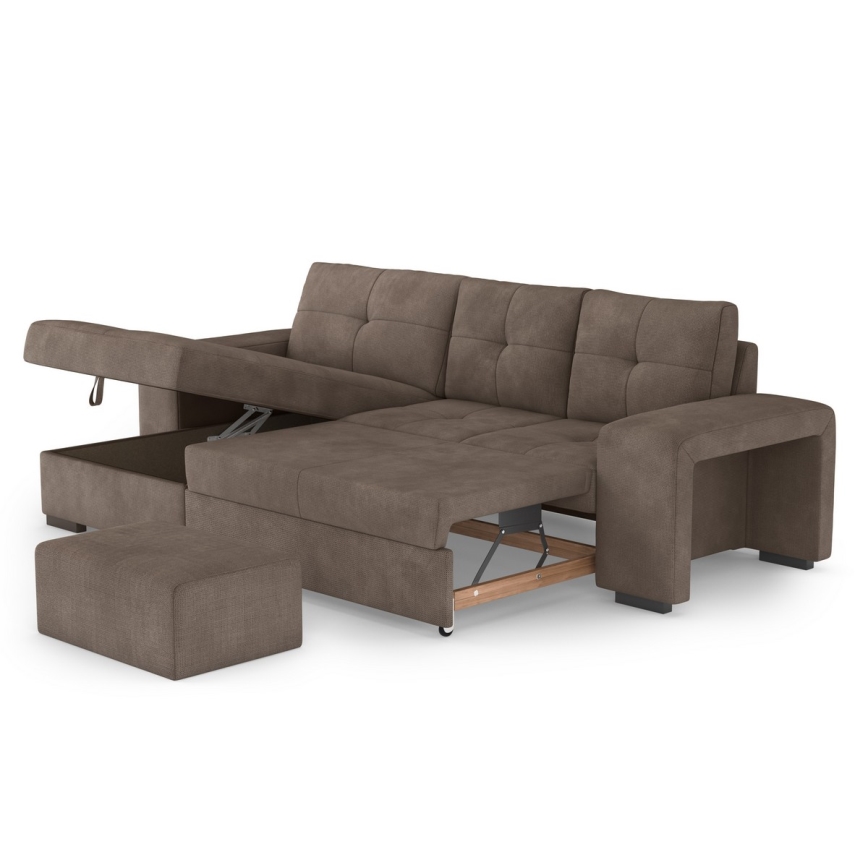 PALERMO Schlafsofa mit Schlaffunktion, integriertem Stauraum und Hocker, braun, links