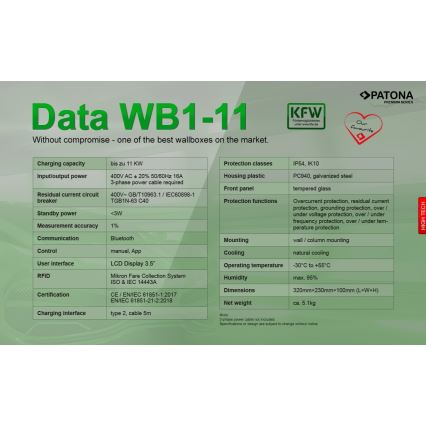 PATONA - Ladestation mit LCD-Display für Elektroautos 11kW/400V/16A IP54