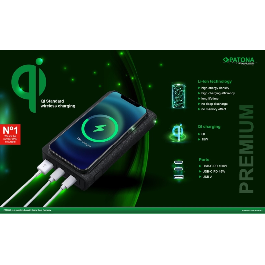 PATONA - Powerbank 20000mAh 100W Li-lonen 2xUSB-C/1x USB-A mit QI-Aufladung