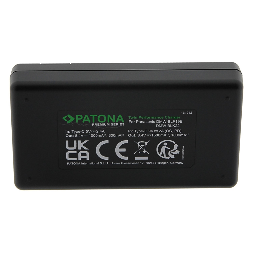 PATONA – Schnellladegerät Dual Panasonic DMW-BLF19 + Kabel USB-C 0,6m
