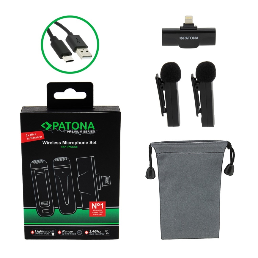 PATONA - SET 2x Drahtloses Mikrofon mit einem Clip für iPhones USB-C 5V 50 mAh