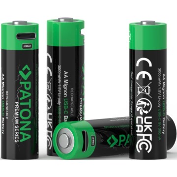 PATONA - SET 4x Akku AA/LR6 Li-Pol 2000mAh 1,5Vs mit USB-C Aufladung