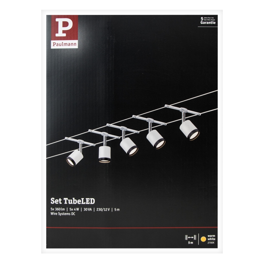 Paulmann 3981 - Set 5x LED/4W Komplettes Seilsystem TUBE 230V mattchrom/schwarz