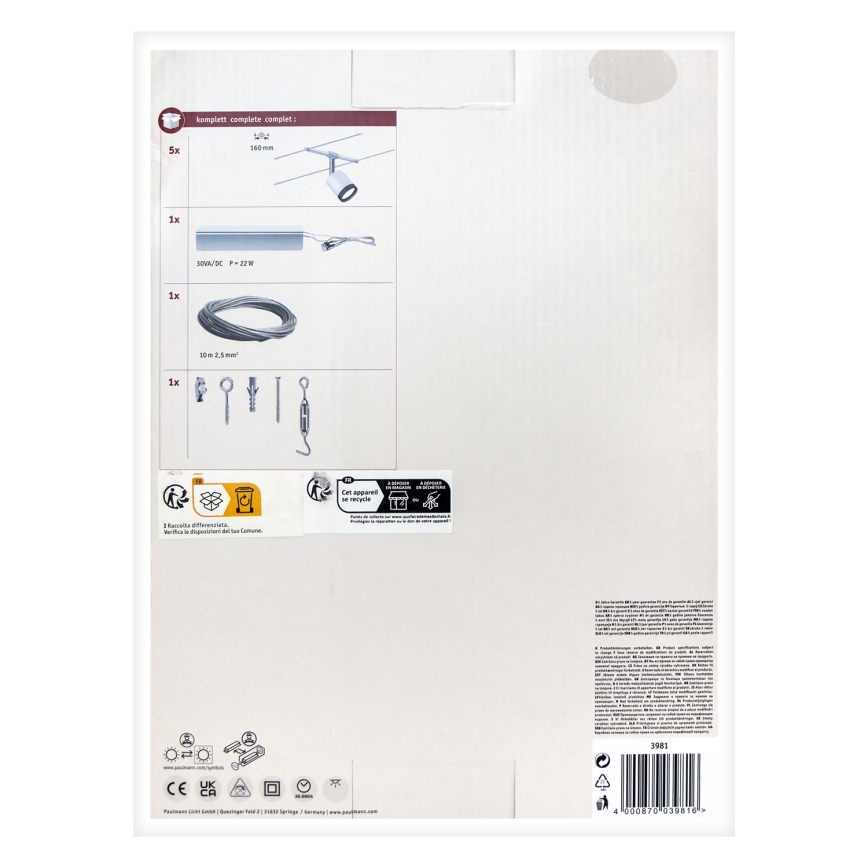 Paulmann 3981 - Set 5x LED/4W Komplettes Seilsystem TUBE 230V mattchrom/schwarz