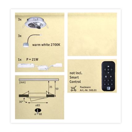 Paulmann 50007 - SET 3xLED/5,2W dimmbare Einbauleuchte SMART HOME 230V Bluetooth