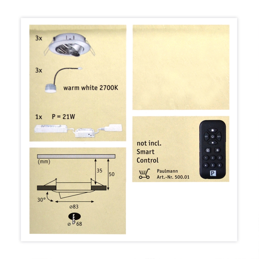 Paulmann 50007 - SET 3xLED/5,2W dimmbare Einbauleuchte SMART HOME 230V Bluetooth