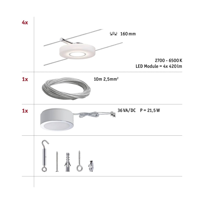 Paulmann 50109 - SET 4xLED/4,4W Dimmbares Einbauleuchte für das Seilsystem SMART DISC 230V