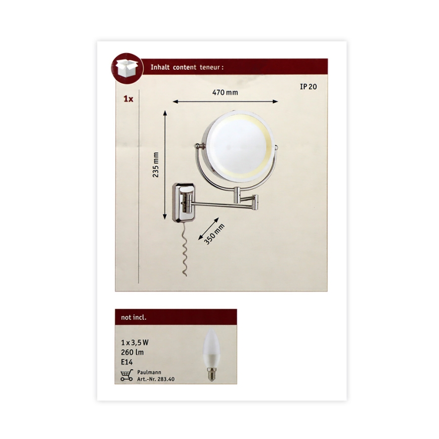 Paulmann 70349 - 1xE14/20W IP44 Wand-Kosmetikspiegel 230V