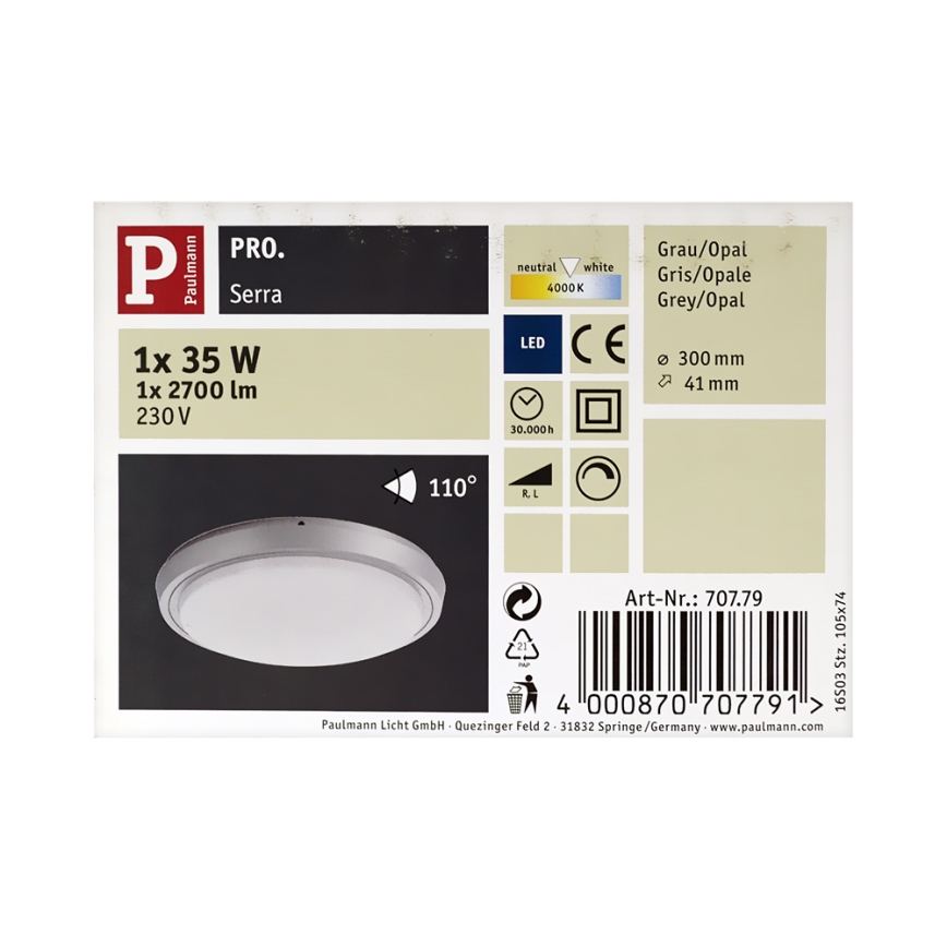 Paulmann 70779 - LED/35W IP44 Dimmbare Badezimmer Deckenleuchte SERRA 230V